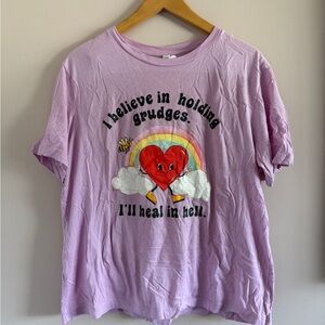 Pink Graphic Tee “I Believe in Holding Grudges” Rainbow Heart Shirt